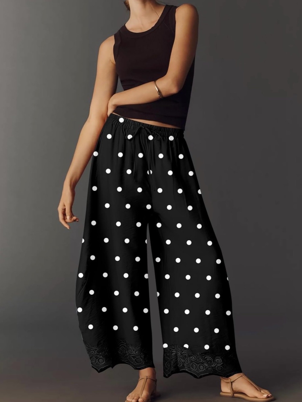 Polka Dot barrel bloomers Lace-Hem Wide Leg Pants - Black